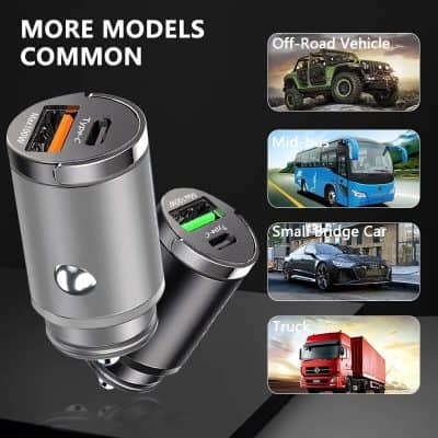 Versatile car USB charger for off-road vehicles, buses, sports cars, and trucks. Powerful multi-port charging device suited for all vehicle types to keep your devices powered on the go.