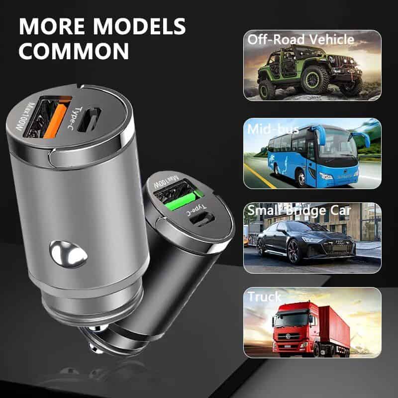 Versatile car USB charger for off-road vehicles, buses, sports cars, and trucks. Powerful multi-port charging device suited for all vehicle types to keep your devices powered on the go.