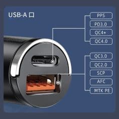 Fast charging USB port for smartphones and tablets, compatible with multiple charging protocols including PD3.0, QC4.0, QC3.0, and QC2.0 for quick power delivery.