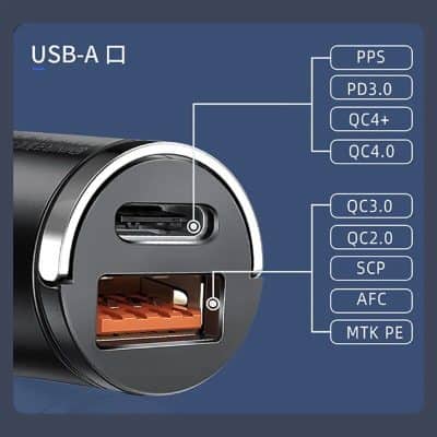 Fast charging USB port for smartphones and tablets, compatible with multiple charging protocols including PD3.0, QC4.0, QC3.0, and QC2.0 for quick power delivery.