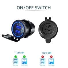 Dual USB car charger with LED indicator for quick charging and voltage monitoring, compatible with smartphones, tablets, and other USB-powered devices.