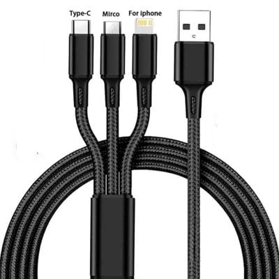 Durable multi-device USB charging cable for iPhone, Micro USB, and Type-C devices, featuring a braided design, fast charging, and universal compatibility for seamless device power management.