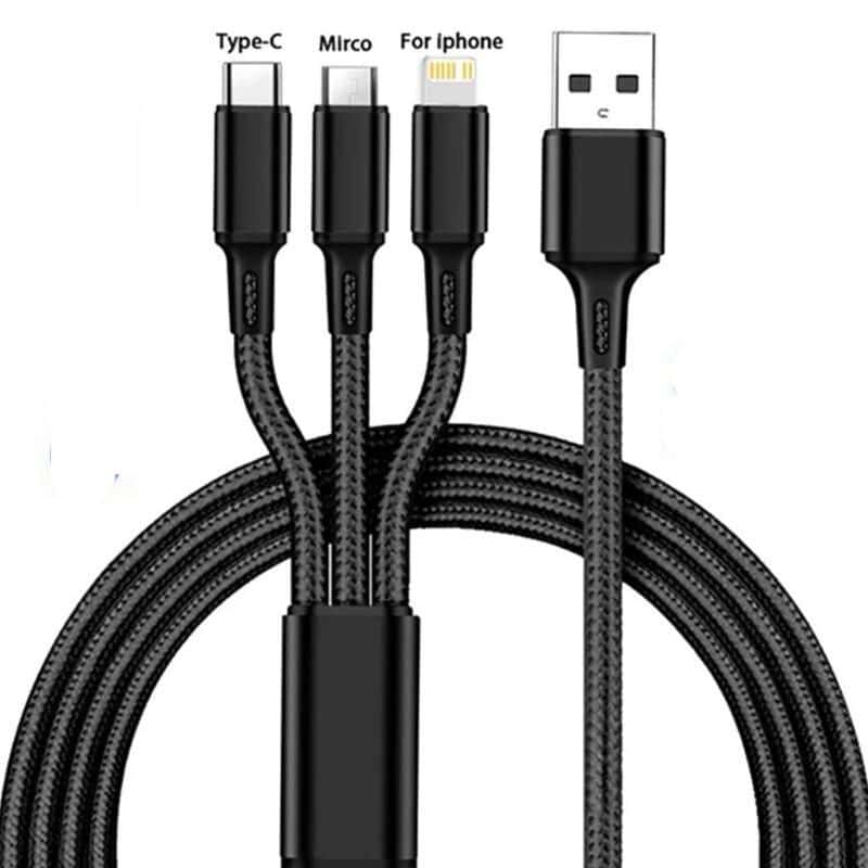 Durable multi-device USB charging cable for iPhone, Micro USB, and Type-C devices, featuring a braided design, fast charging, and universal compatibility for seamless device power management.