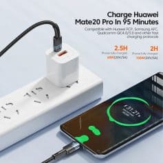 High-speed Huawei charger for Mate20 Pro, compatible with Huawei FCP, Samsung AFC, Qualcomm QC4.0/3.0 for quick device charging.