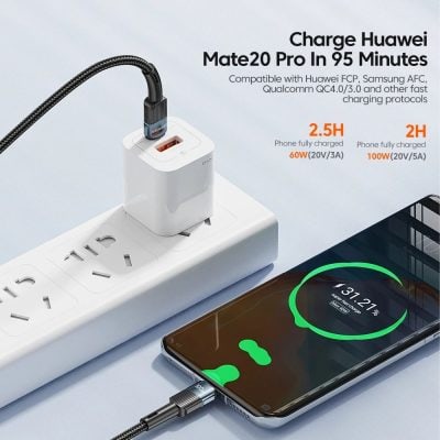 High-speed Huawei charger for Mate20 Pro, compatible with Huawei FCP, Samsung AFC, Qualcomm QC4.0/3.0 for quick device charging.