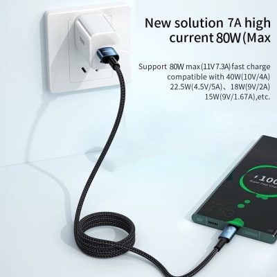 A high current 80W fast charger compatible with smartphones, supporting 80W max (11V/7.3A) power delivery, with various voltage and wattage options for fast charging, connected to a smartphone for quick power transfer.