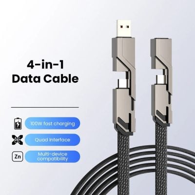 High-quality 4-in-1 data cable with fast charging, multi-device compatibility, and quad interface, perfect for smartphones and tablets. Durable design for reliable data transfer and charging.