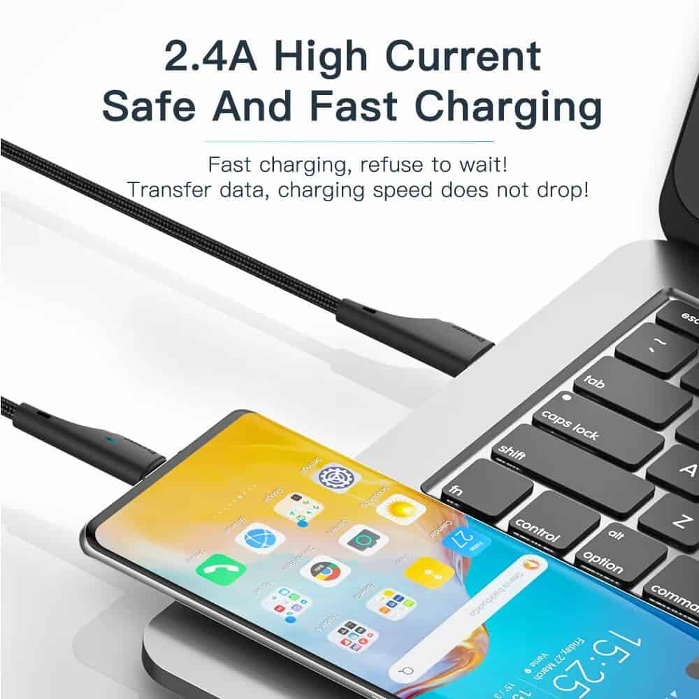 Fast, safe, and reliable phone charging cable with 2.4A high current for quick device power-up. Ideal for smartphones, tablets, and electronics, ensuring rapid data transfer and efficient charging.