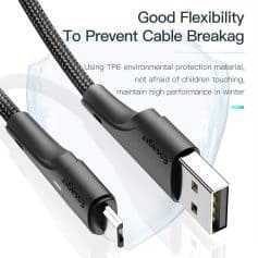 High-quality USB cable with eco-friendly TPU material, durable design, and flexible braiding to prevent cable breakage and ensure long-lasting performance.