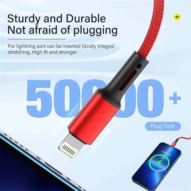 Durable iPhone charging cable for reliable power and fast data transfer, compatible with all Apple devices, designed for daily use, and resistant to bending and breaking.