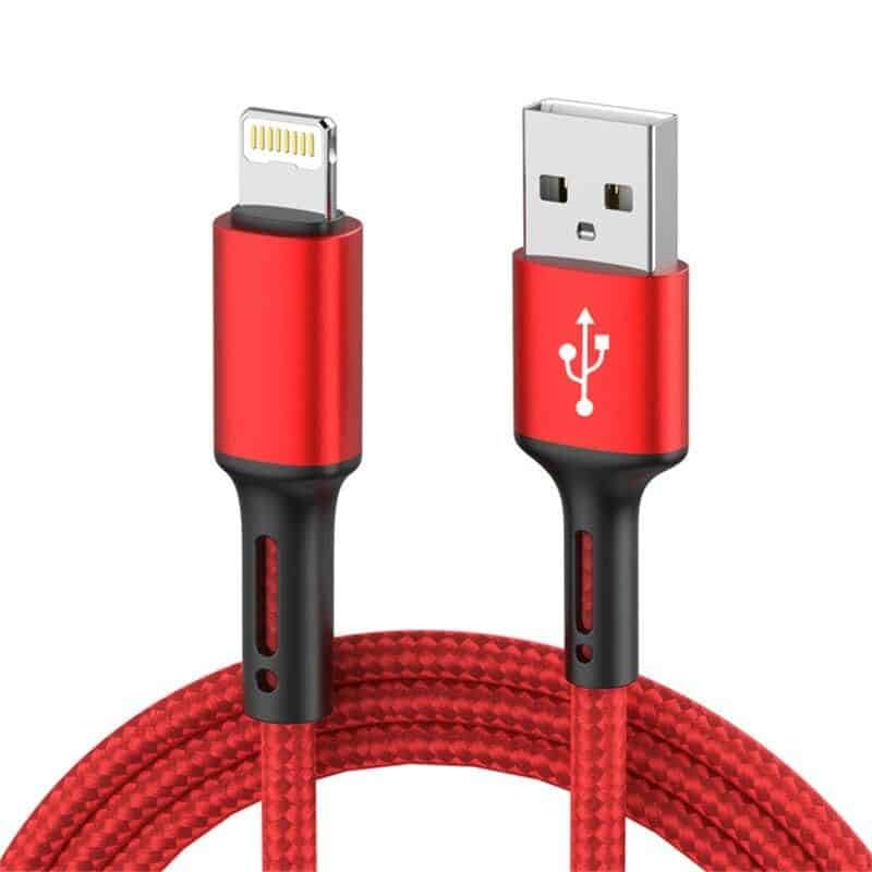 High-quality red USB charging cable compatible with Android and iPhone devices, durable and fast charging. Perfect for mobile charging needs and data transfer.