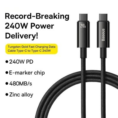 High-speed Type-C to Type-C 240W charging cable for fast data transfer and power delivery. Durable zinc alloy connectors and braided design ensure reliability and longevity.