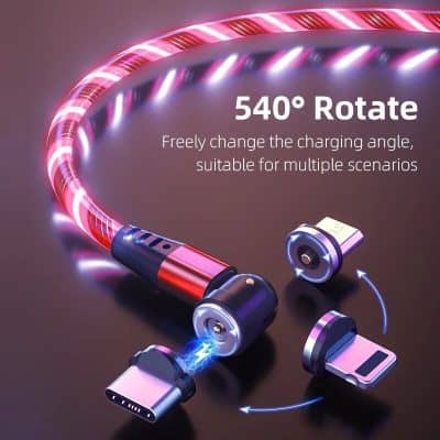 A flexible charging cable that rotates 540°, compatible with multiple devices and positions, perfect for efficient and convenient charging solutions.