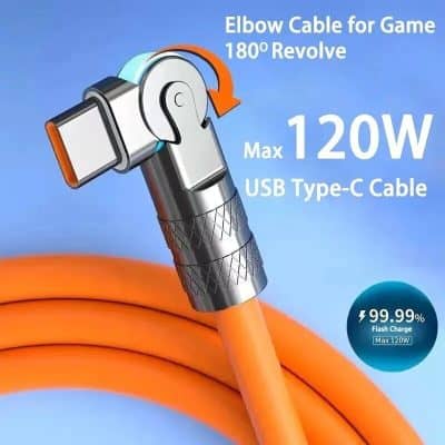 A high-quality USB Type-C cable with 120W power output, 180° elbow design, and durable construction for fast data transfer and rapid device charging, ideal for gaming and tech accessories.