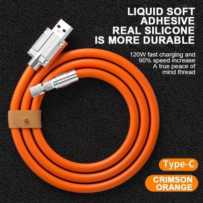 Durable silicone USB-C charging cable for fast charging and data transfer, with 120W power and 90% speed increase, perfect for reliable and high-performance device charging.
