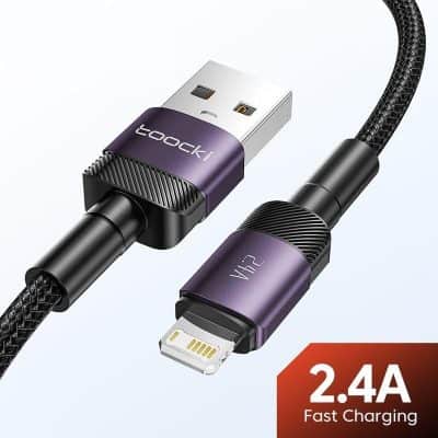 Durable braided USB-C to Lightning charging cable with fast 2.4A charging speed, compatible with iPhone, Android, and other smartphones. Perfect for quick power-ups and reliable use.