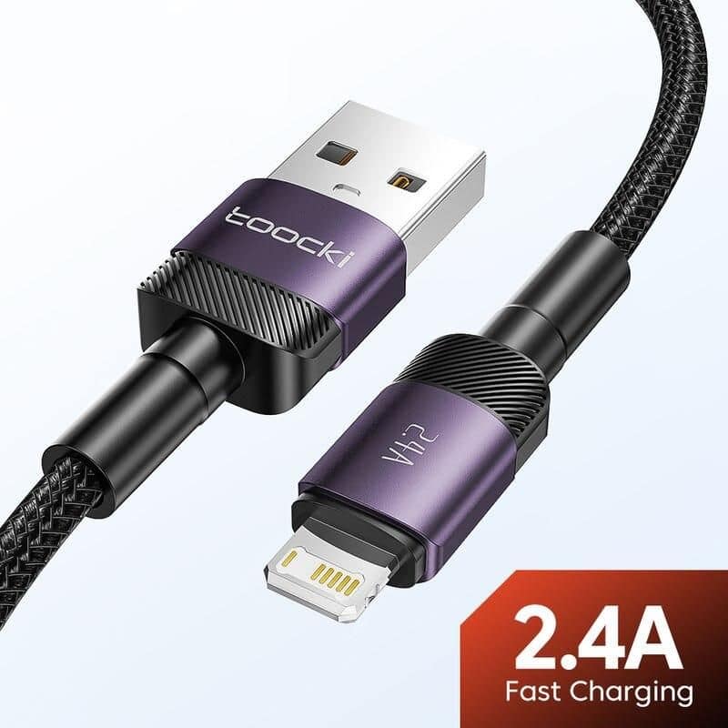 Durable braided USB-C to Lightning charging cable with fast 2.4A charging speed, compatible with iPhone, Android, and other smartphones. Perfect for quick power-ups and reliable use.