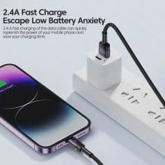 An image of a smartphone being charged with a Monalisa Store fast charger connected to a power strip, highlighting efficient quick charging technology.