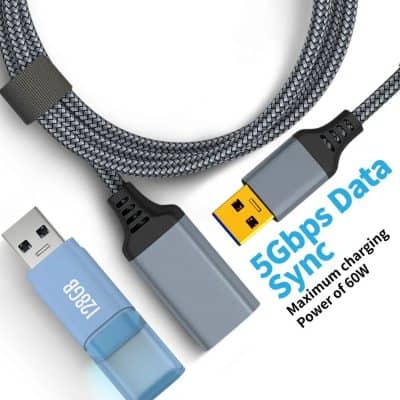 Durable braided black and gray USB data cable with fast charging and data transfer up to 5Gbps, compatible with various devices, supporting maximum 60W power for quick and efficient charging solutions.