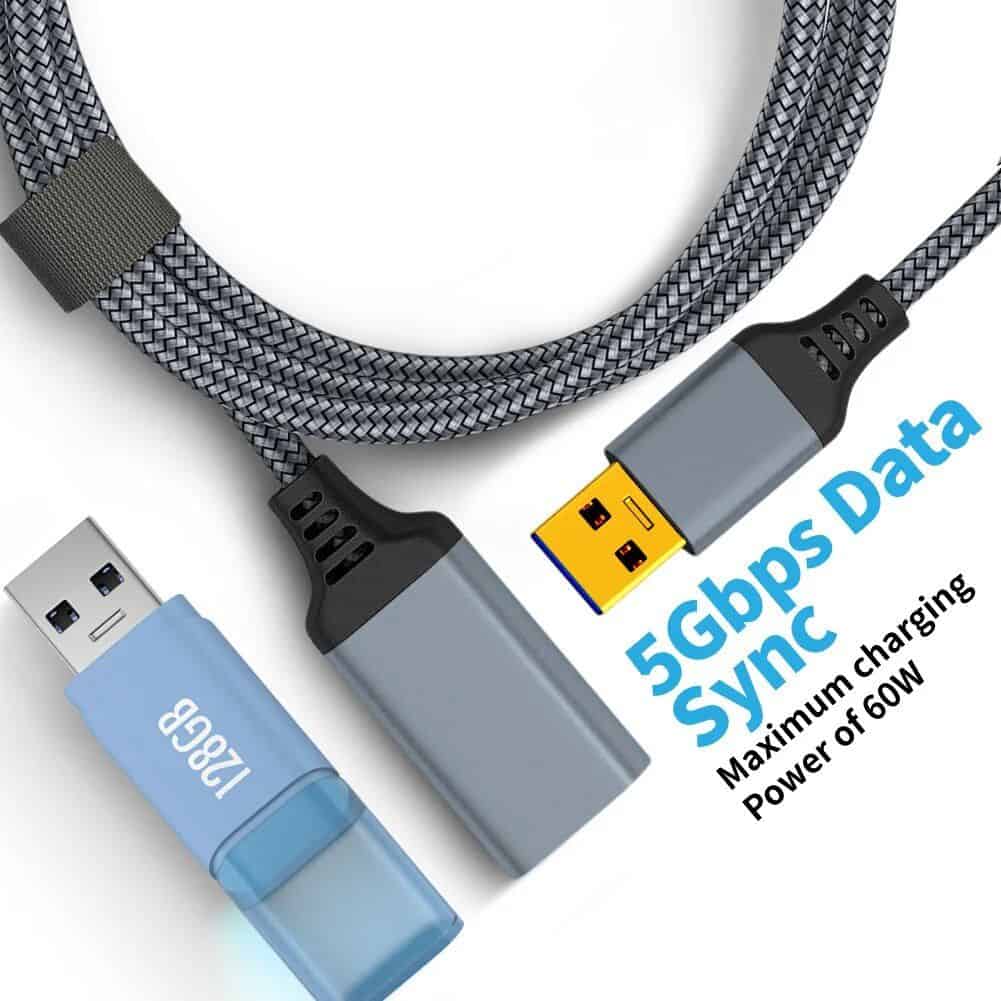 Durable braided black and gray USB data cable with fast charging and data transfer up to 5Gbps, compatible with various devices, supporting maximum 60W power for quick and efficient charging solutions.