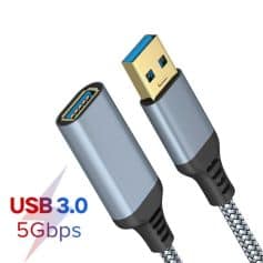 High-speed USB 3.0 cable with 5Gbps transfer rate, compatible with various devices, durable braided design, perfect for fast data syncing and charging.