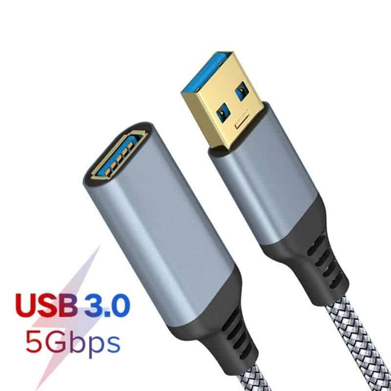 High-speed USB 3.0 cable with 5Gbps transfer rate, compatible with various devices, durable braided design, perfect for fast data syncing and charging.