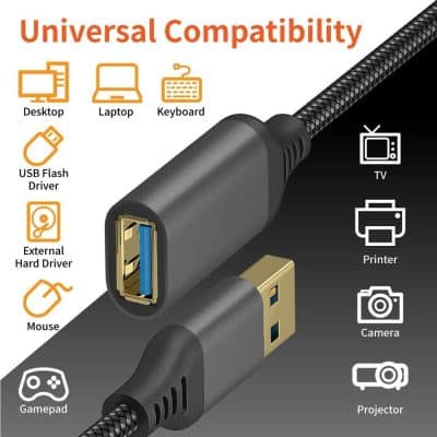 High-quality USB-C charging & data transfer cable compatible with desktop, laptop, keyboard, TV, printer, camera, projector, external hard drive, USB flash drive, mouse, and gamepad.