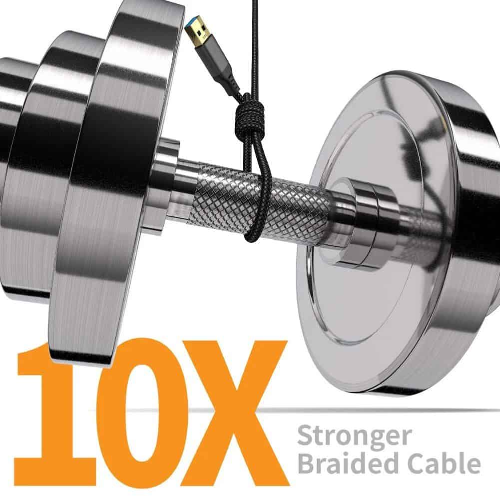 Heavy-duty, 10x stronger braided cable compatible with fitness equipment and gym accessories for enhanced durability and performance.