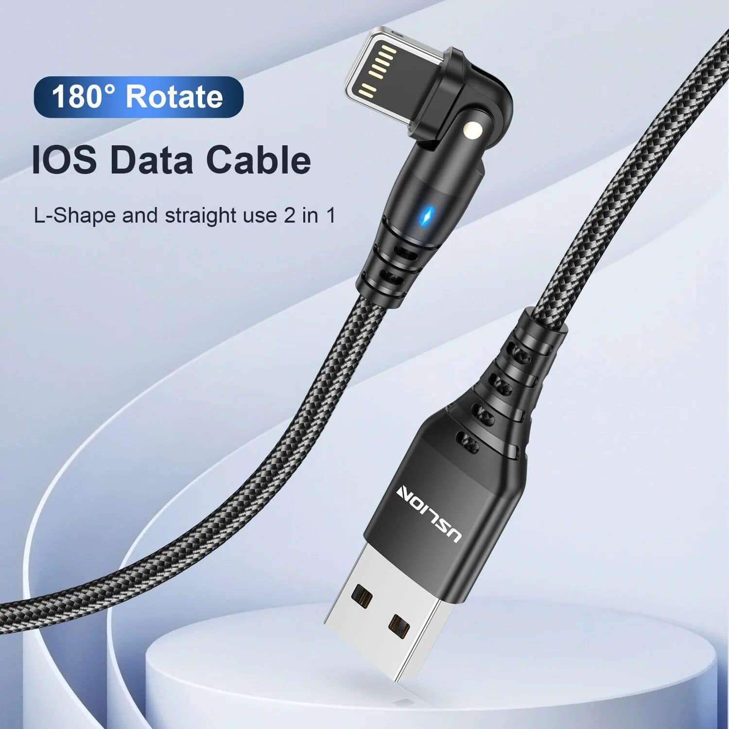 High-quality, durable USB cable compatible with iOS devices, supporting 180° rotation, 2-in-1 L-shape and straight use, perfect for Apple iPhones, iPads, and other iOS products.