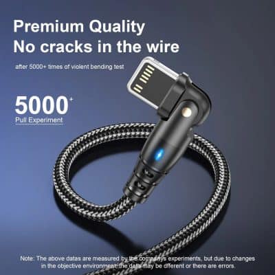 2. Close-up of a durable, high-quality cable with reinforced wire and metallic connectors, ideal for electronics and tech accessories, emphasizing durability and premium quality.