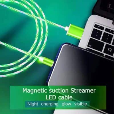 LED streamers with magnetic suction for charging. Night glow visible for easy use. Compatible with smartphones, providing stylish, efficient charging solutions. Perfect for modern tech accessories.