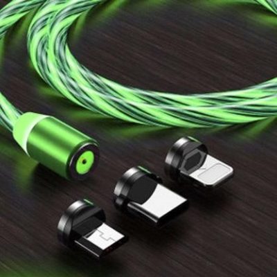 A vibrant green LED charging cable with multiple magnetic connector tips for versatile electronic device charging. Perfect for fast and efficient power transfer, ideal for tech enthusiasts.