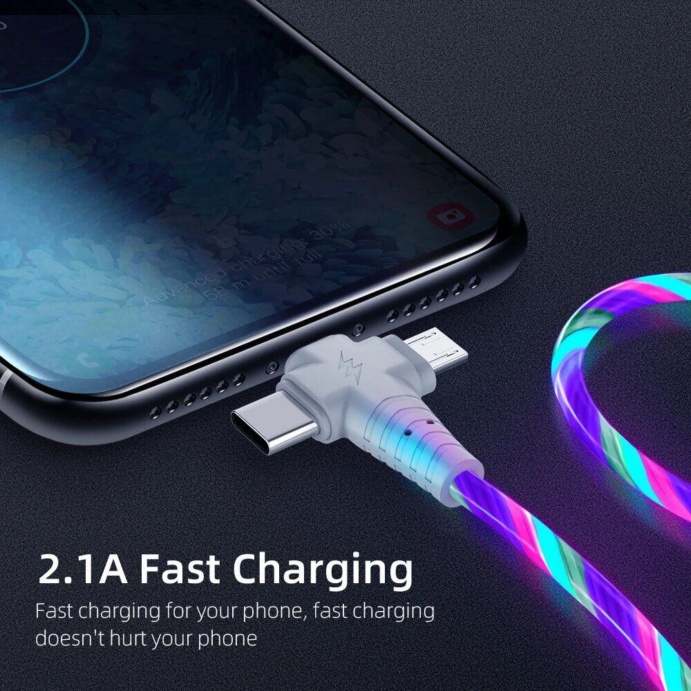 High-speed 2.1A charging cable for smartphones and devices. Durable design with vibrant, colorful LED accents, ensuring quick and safe power transfer without damaging your phone's battery.