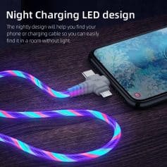 A night charging LED light cable for easy phone or device charging in the dark. Stylish, colorful, and practical design to help locate your phone and charger without additional light.