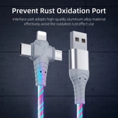 High-quality aluminum alloy charging cable with multi-connection ports to prevent rust oxidation.
