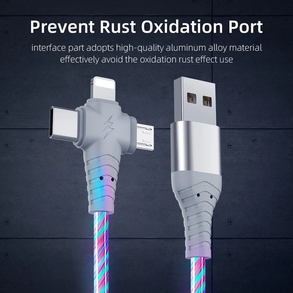 High-quality aluminum alloy charging cable with multi-connection ports to prevent rust oxidation.