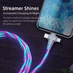 Colorful LED charging cable for smartphones with fast charging, durable braid, and vivid light effects, ideal for nighttime use and stylish tech accessories.