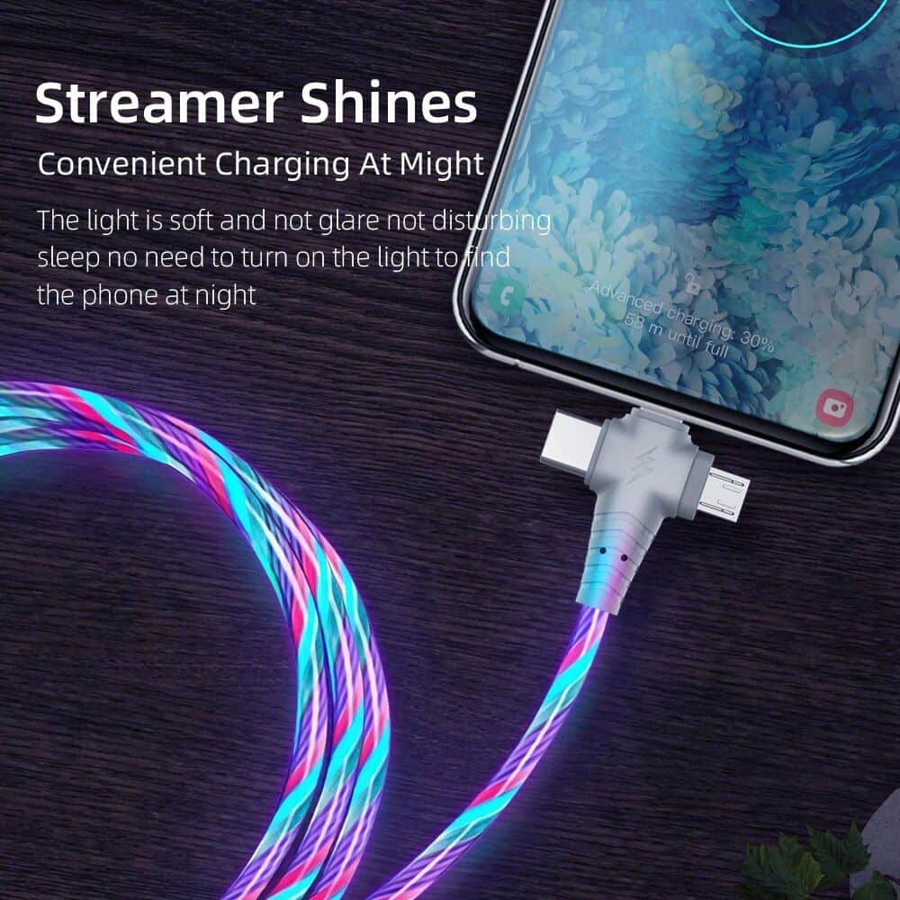 Colorful LED charging cable for smartphones with fast charging, durable braid, and vivid light effects, ideal for nighttime use and stylish tech accessories.