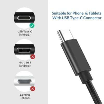 High-quality USB Type-C charging cable compatible with phones and tablets, featuring a durable braided design and fast data transfer. Suitable for Android devices and other USB-C enabled gadgets.
