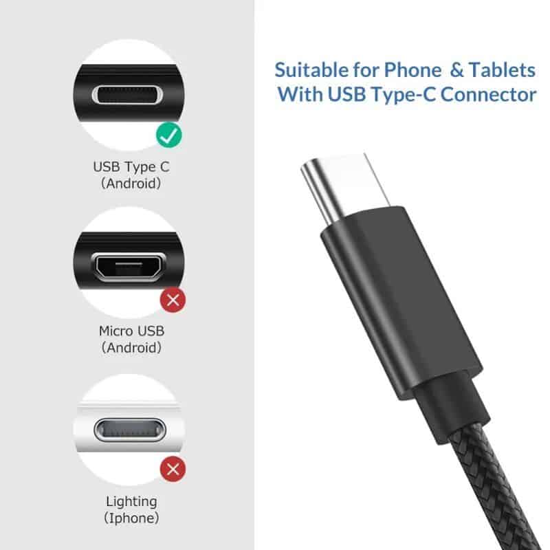High-quality USB Type-C charging cable compatible with phones and tablets, featuring a durable braided design and fast data transfer. Suitable for Android devices and other USB-C enabled gadgets.