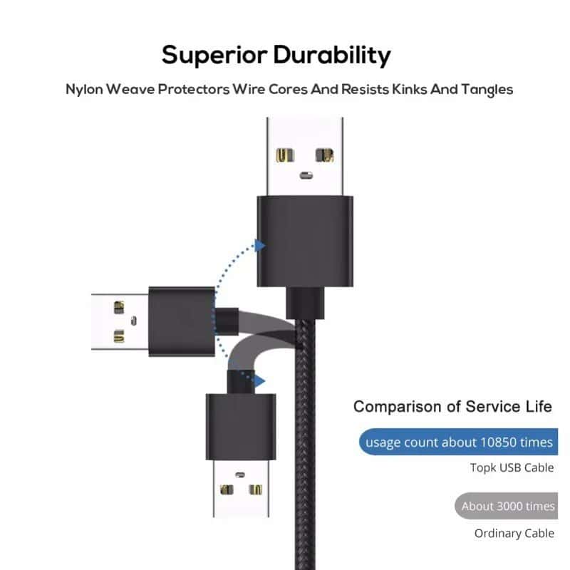 Premium nylon weave USB cable with reinforced connectors for durability. Resists kinks, tangles, and wire core damage, ensuring long-lasting performance for your devices.