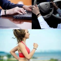 A woman wearing a fitness tracker while jogging outdoors, emphasizing health and wellness.