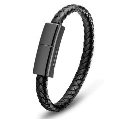 Black braided leather bracelet with a modern metal clasp, stylish accessory for men and women, perfect for casual or formal wear.