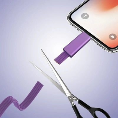 High-speed purple USB 3.0 flash drive connected to phone, with scissors and ribbon for repair or data transfer, emphasizing mobile device data solutions.