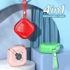 4-in-1 retractable charging cable, versatile for smartphones, tablets, and gadgets, portable and space-saving. Perfect for travel, work, and home use to organize cables efficiently.