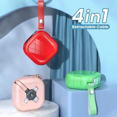 4-in-1 retractable charging cable, versatile for smartphones, tablets, and gadgets, portable and space-saving. Perfect for travel, work, and home use to organize cables efficiently.