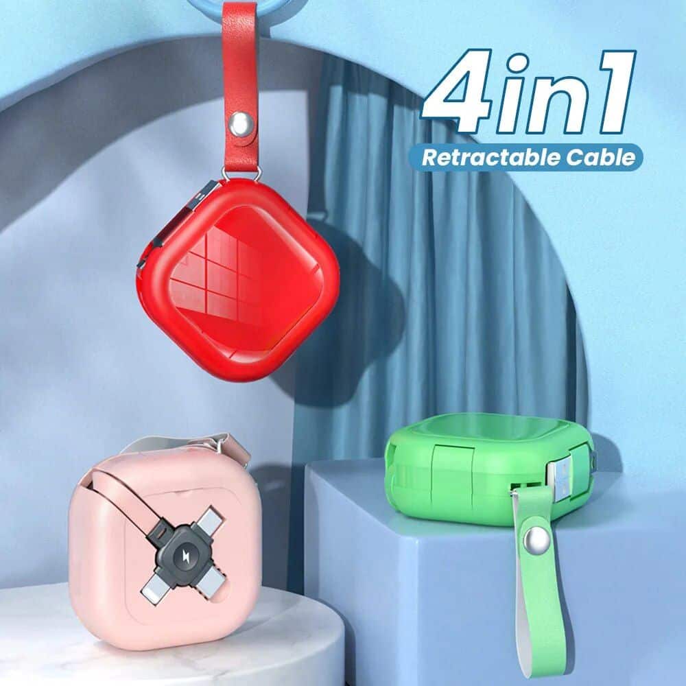 4-in-1 retractable charging cable, versatile for smartphones, tablets, and gadgets, portable and space-saving. Perfect for travel, work, and home use to organize cables efficiently.