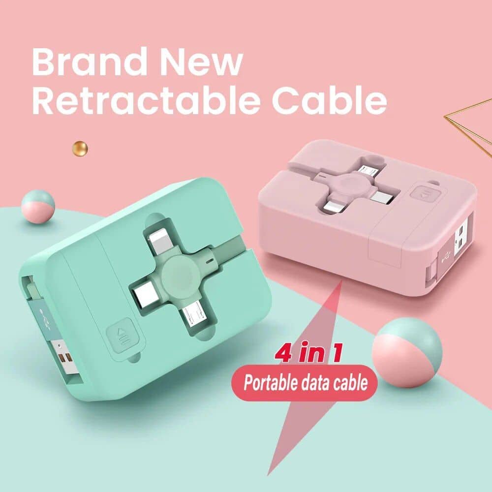 Colorful portable retractable data cable for easy smartphone and device charging. Compact, lightweight, and convenient for on-the-go use, perfect for travel and everyday tech needs.