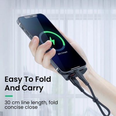 Efficient portable phone charger, compact design, 30 cm foldable line, perfect for travel and daily use, reliable power source, compatible with most smartphones, easy to carry for on-the-go charging.