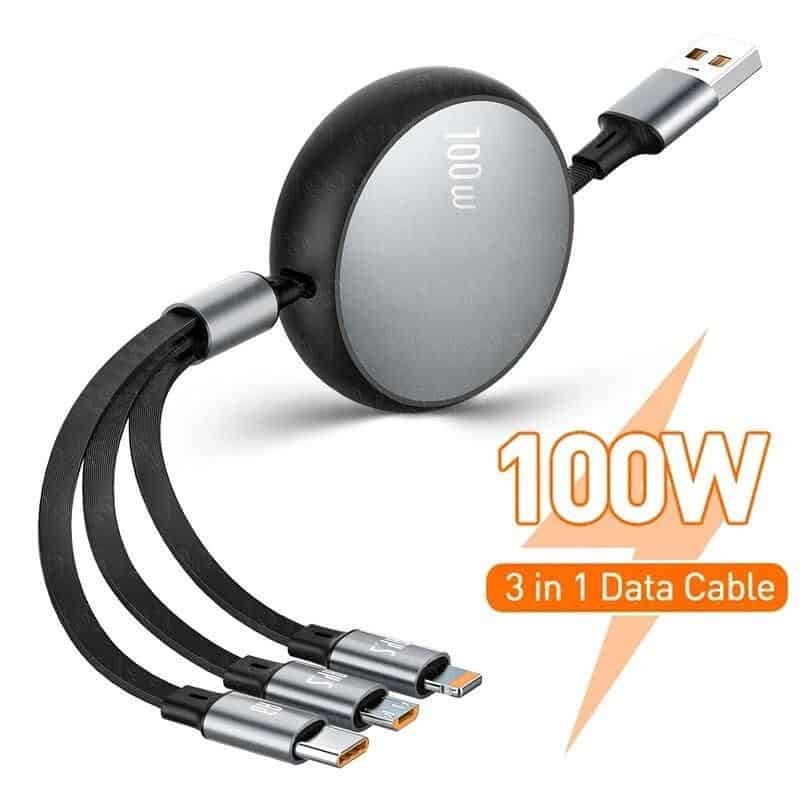 High-speed 100W 3-in-1 Data Cable for smartphones, tablets, and devices. Compatible with various electronic devices, ensuring fast charging and data transfer with durable design.